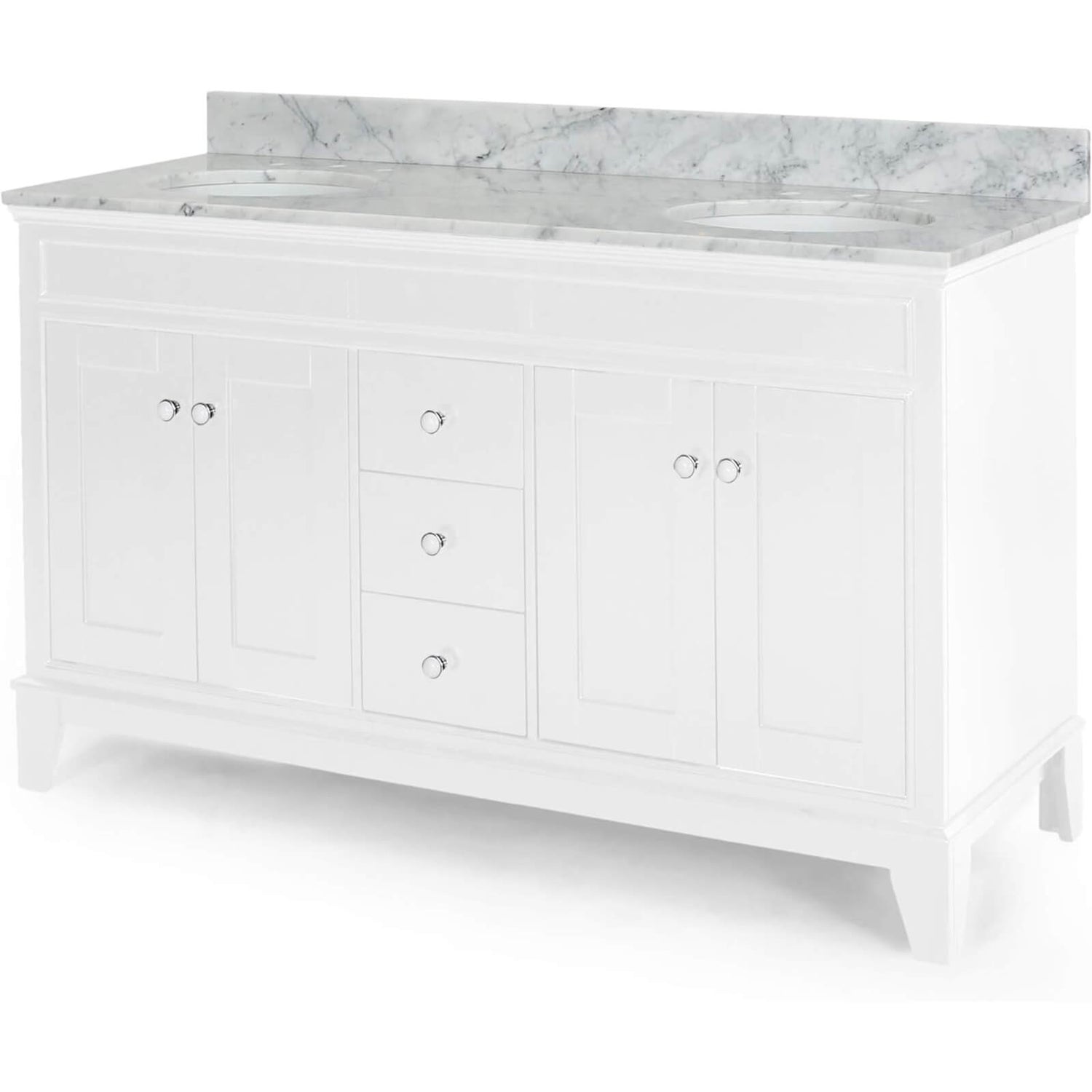 Modern 61 in White Double Sink Vanity Featuring Ceramic Sinks and Backsplash