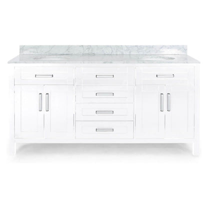 Modern 73 Inch Bathroom Vanity with Silver Handles and Ceramic Sinks