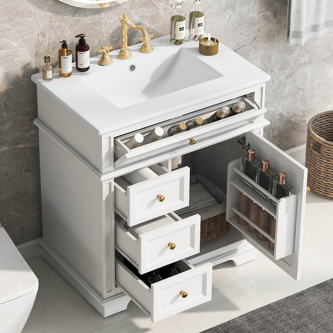 Modern bathroom vanity with flip out tray and gold handles