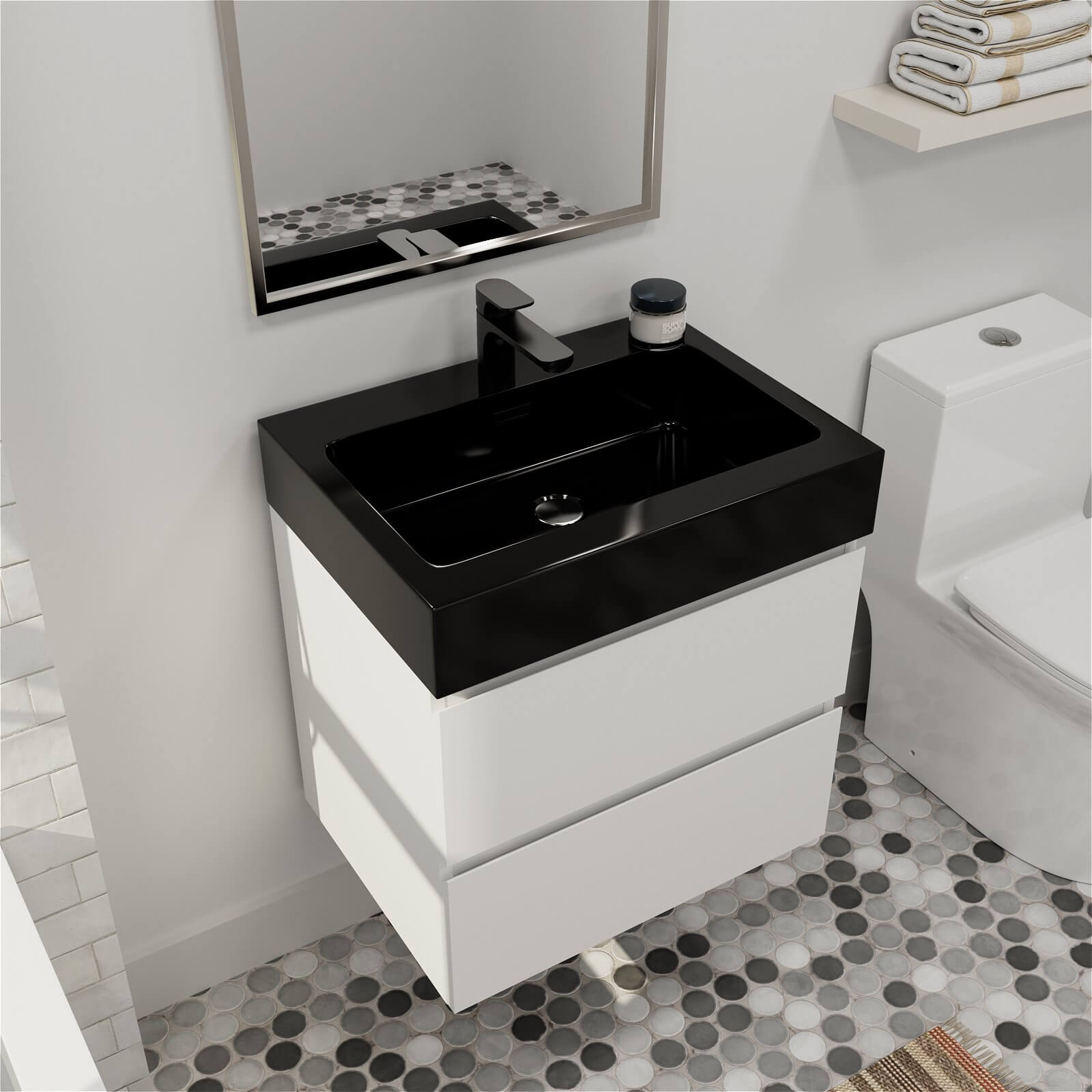 Modern bathroom vanity with white cabinet and luxurious black sink