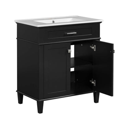 Modern black bathroom vanity with clean lines and undermount ceramic sink