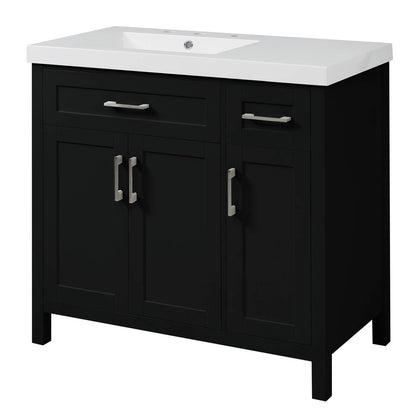 Modern black vanity with left offset sink for stylish bathroom design