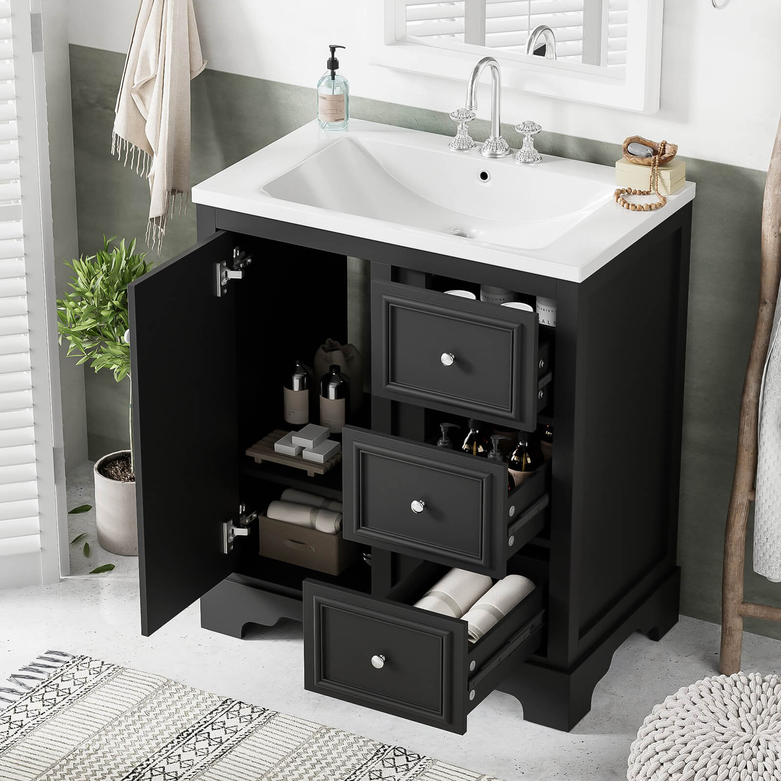 Modern black vanity with soft close drawers and adjustable shelf