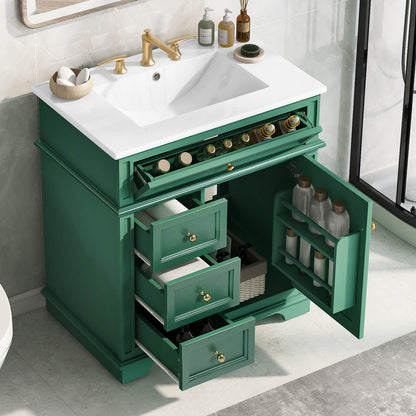 Modern deep green vanity with integrated ceramic sink and gold handles