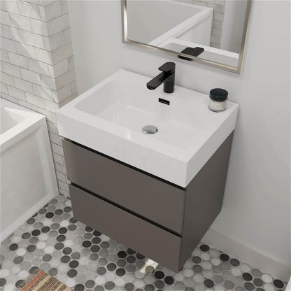 Modern floating vanity with neutral gray finish and soft close storage