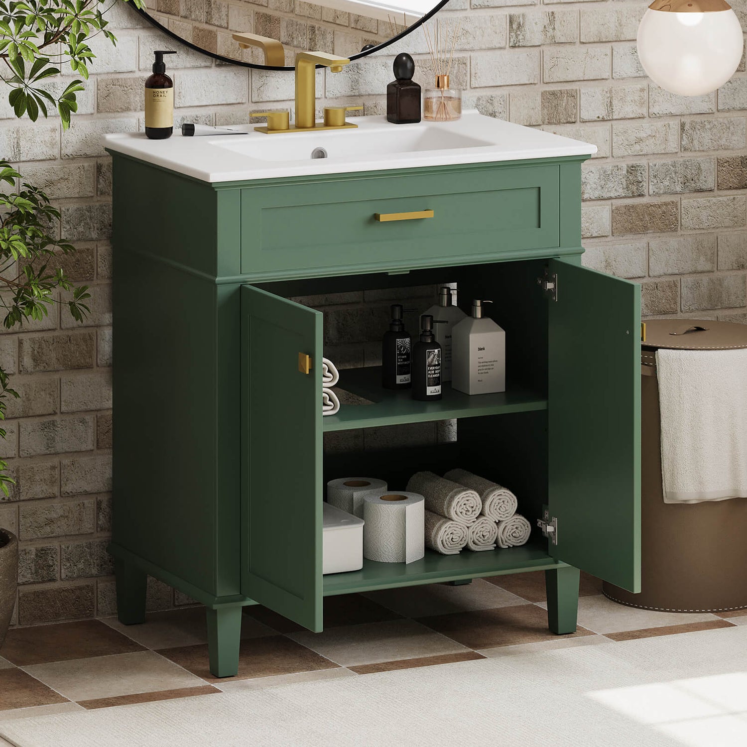 Modern green bathroom vanity with gold handles and soft close drawers