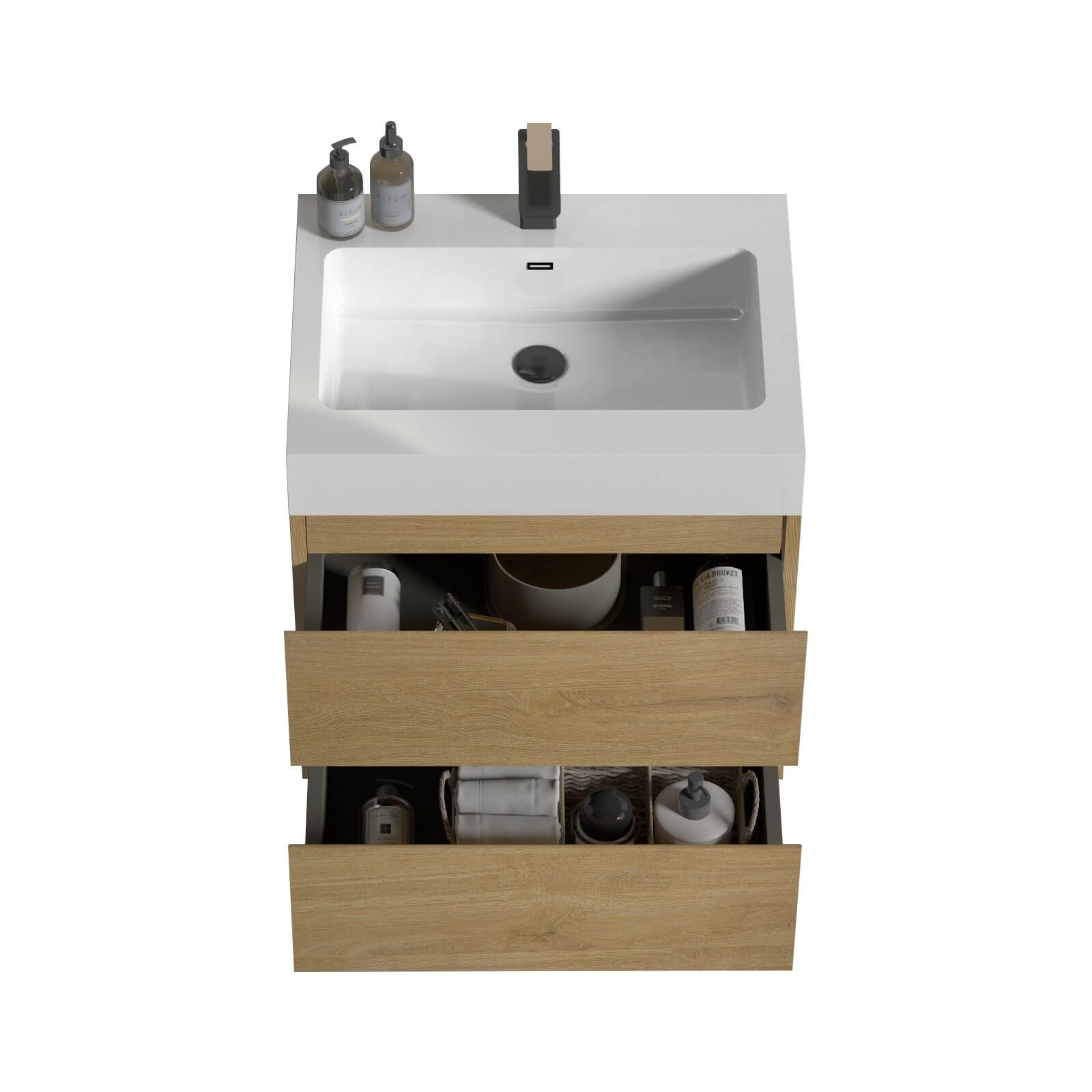 Modern oak floating vanity for compact bathrooms with timeless design