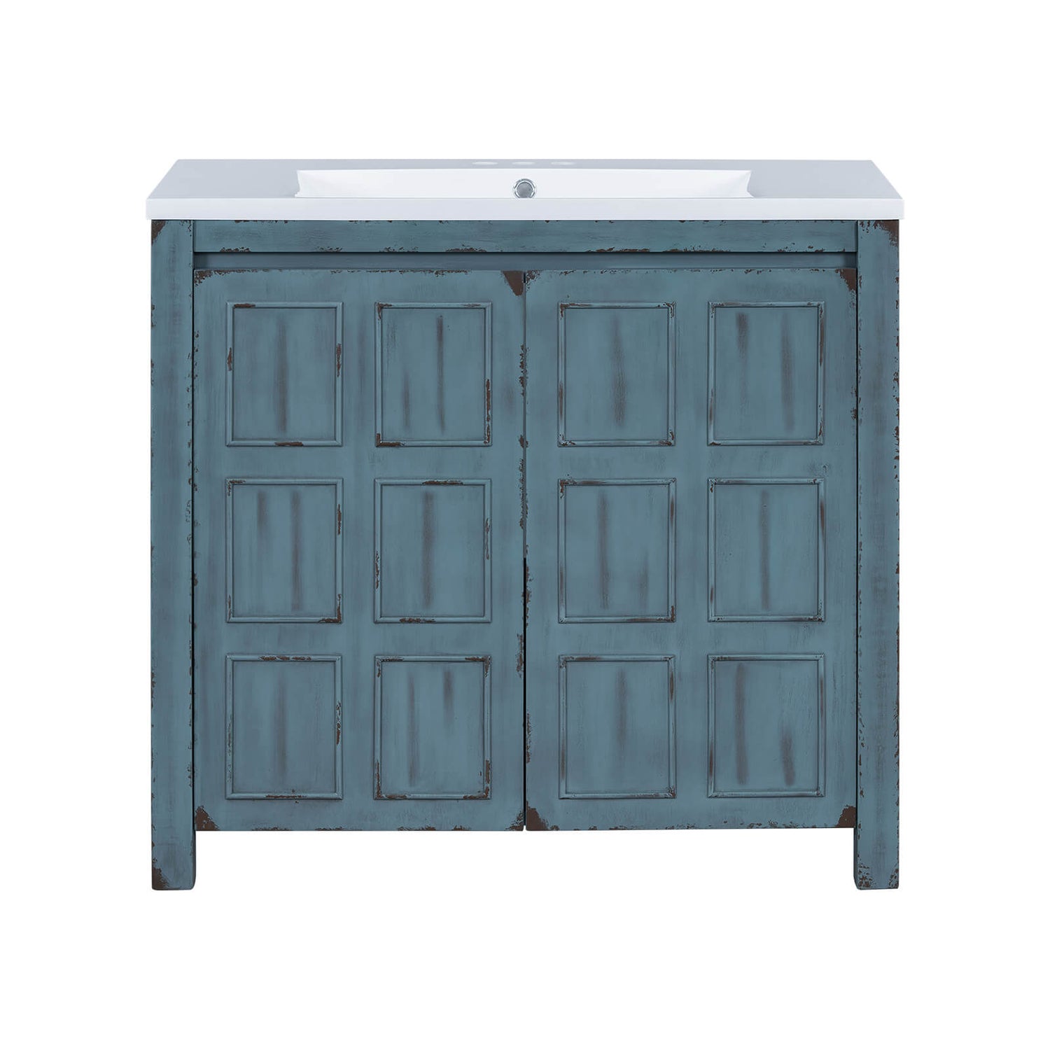 Modern retro blue bathroom vanity with rustic aged detailing