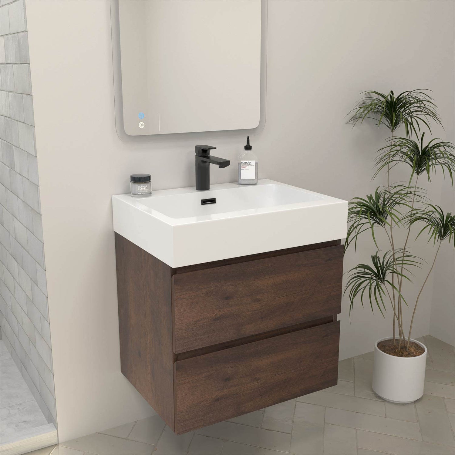 Modern walnut bathroom vanity featuring dual soft close drawers