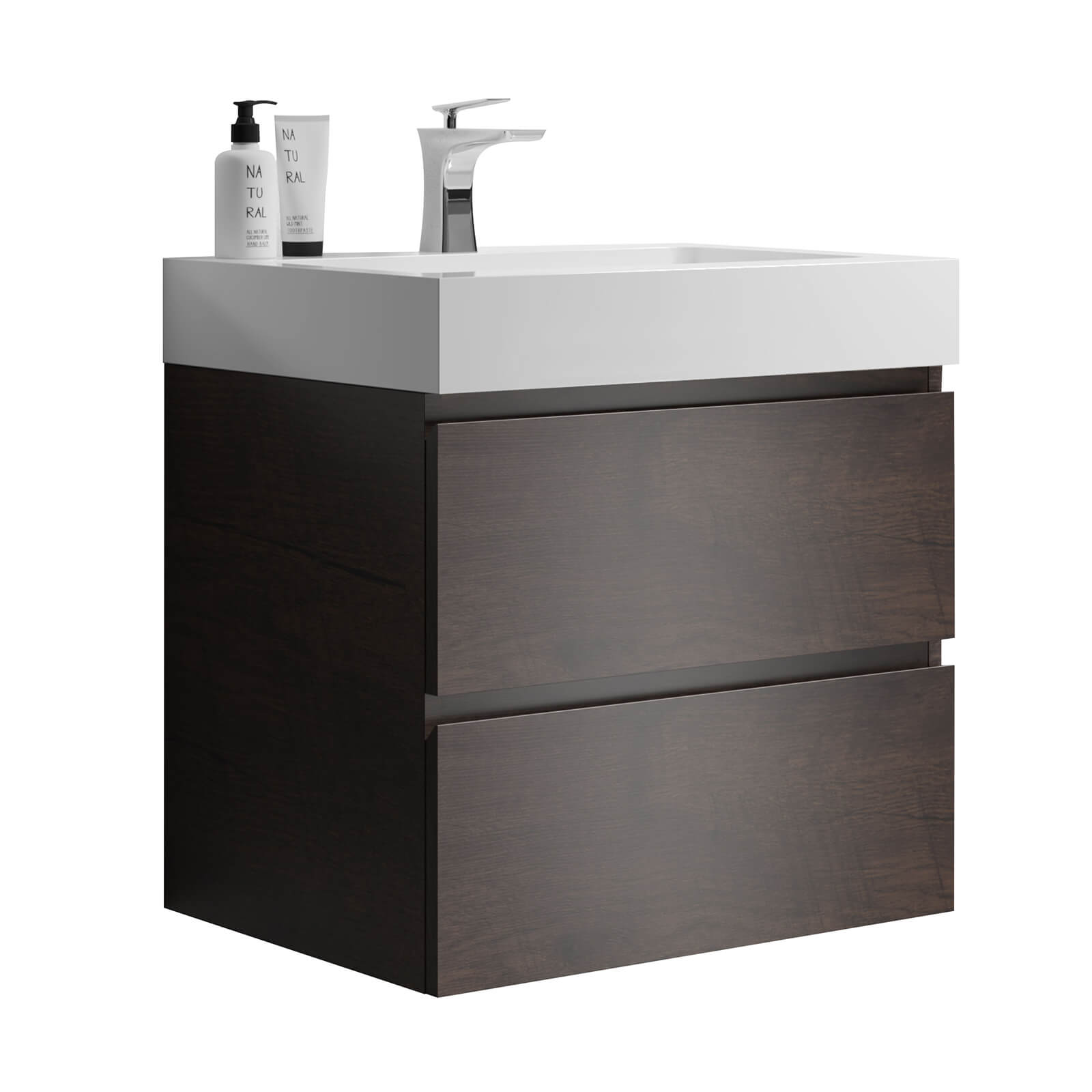 Modern walnut floating vanity with premium sink and quiet soft close drawers