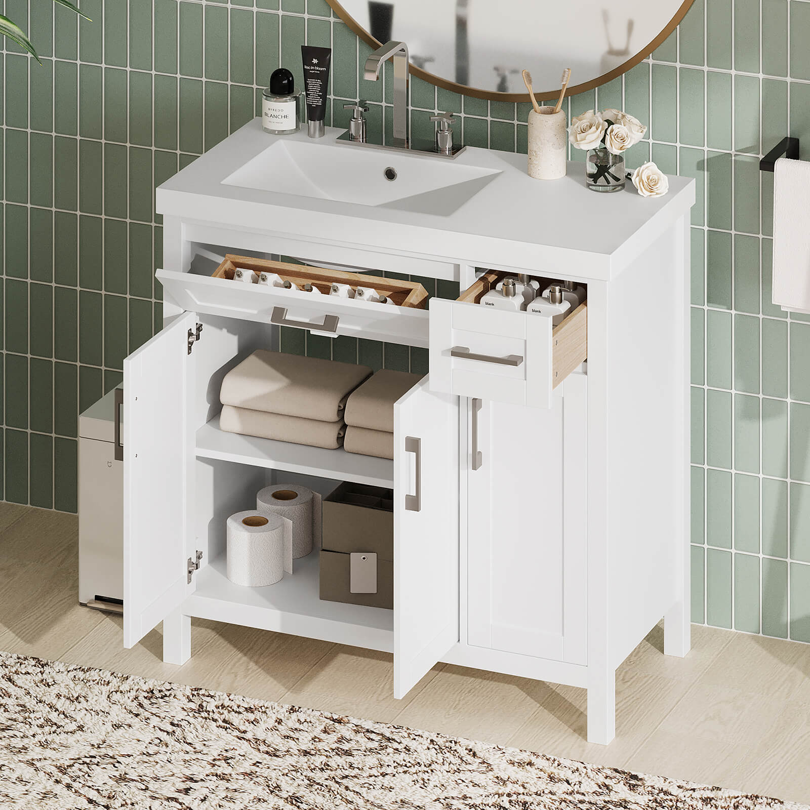 Modern white bathroom vanity featuring a left offset sink design