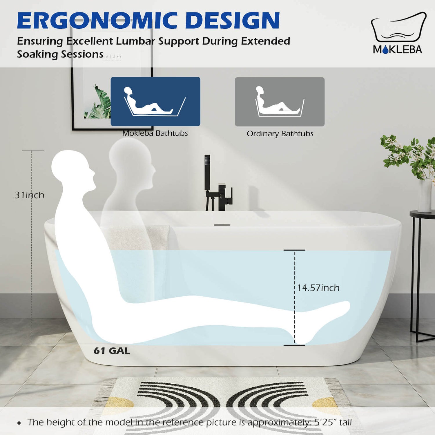 Modern White Freestanding 59 Inch Acrylic Tub Soaking Deepth