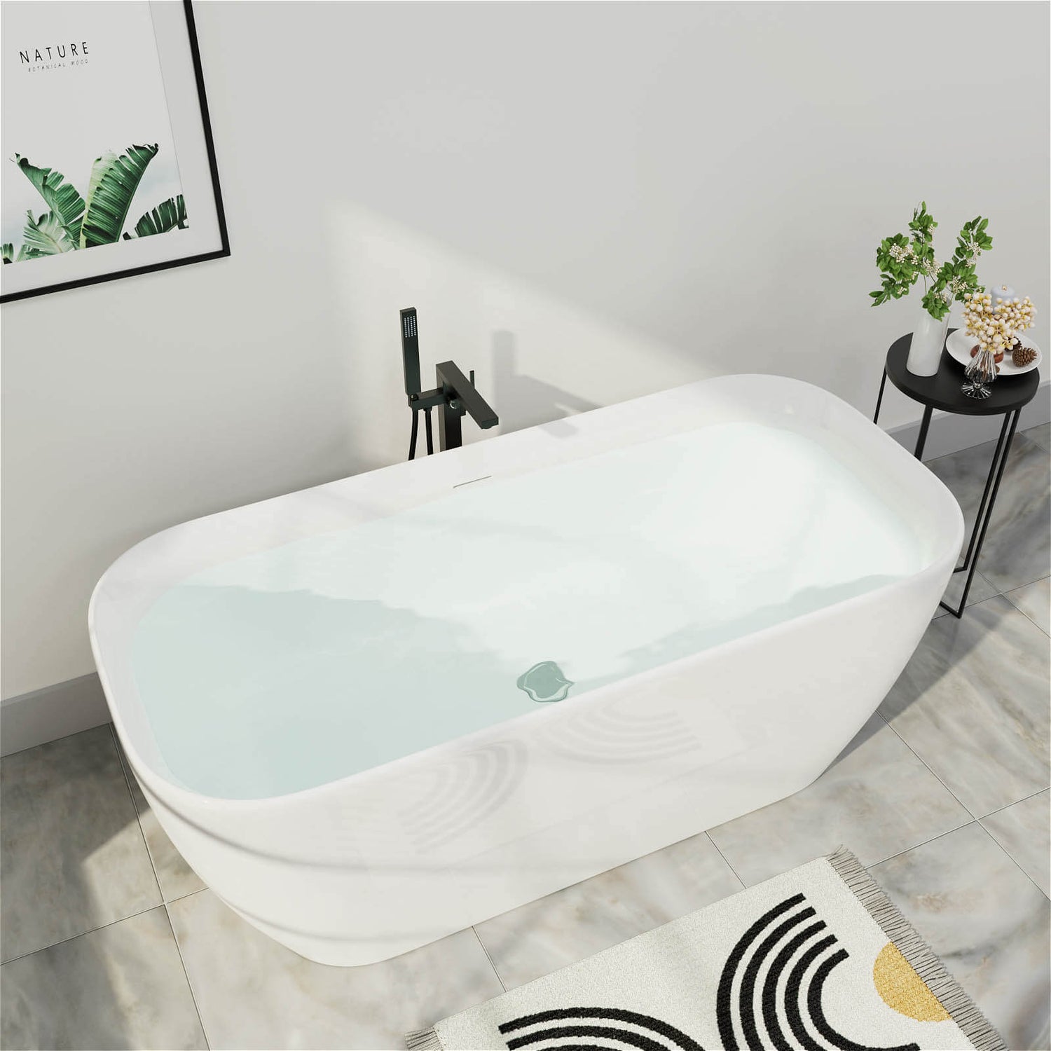 59 Inch White Acrylic Flatbottom Freestanding Soaking Bathtub