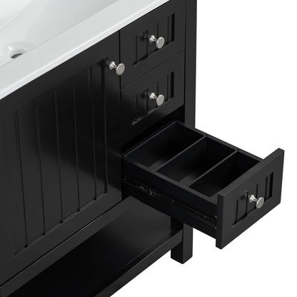 Modern black bathroom vanity with silver handles