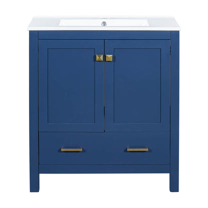 Modern blue vanity with built-in shelf