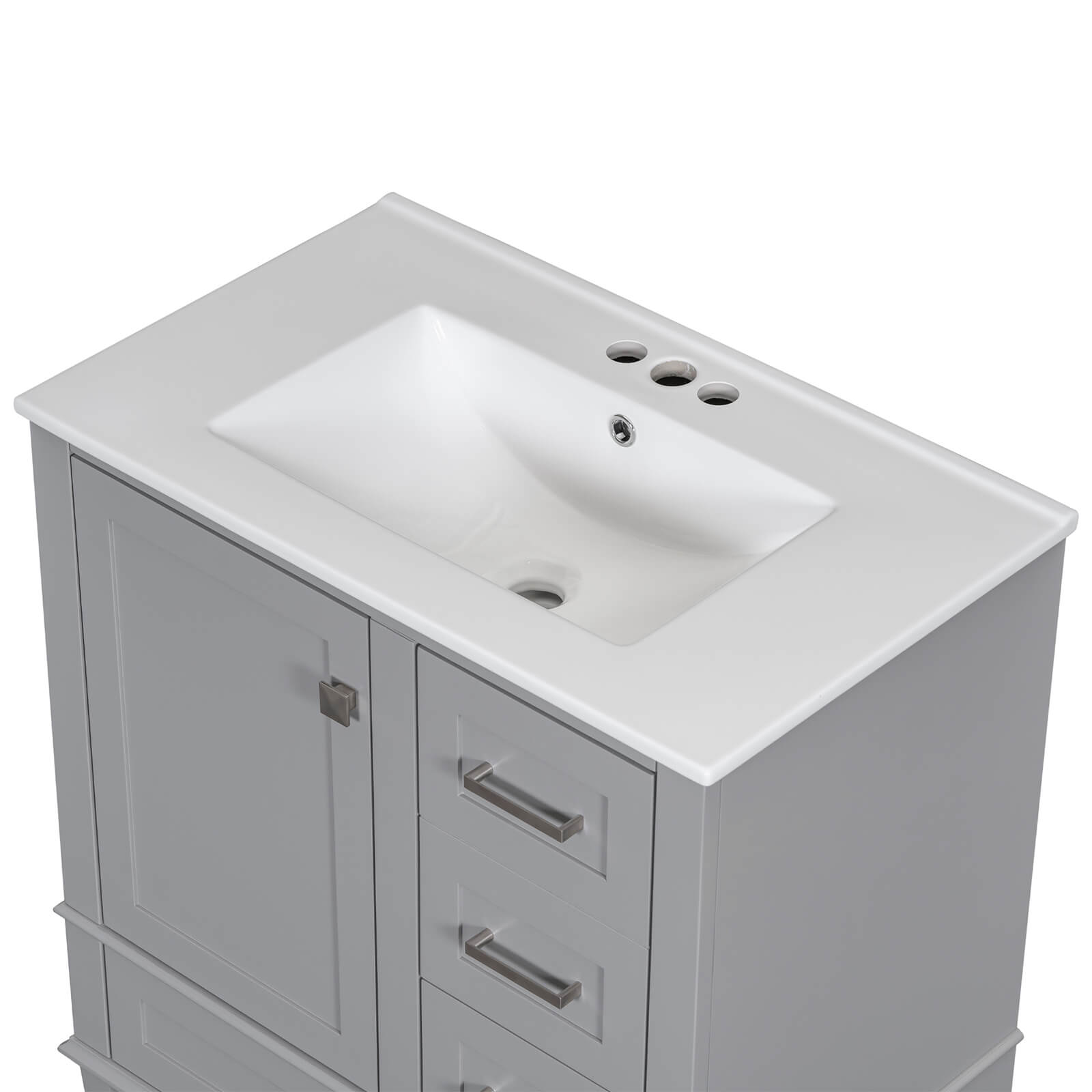 Modern gray bathroom vanity with matching handles