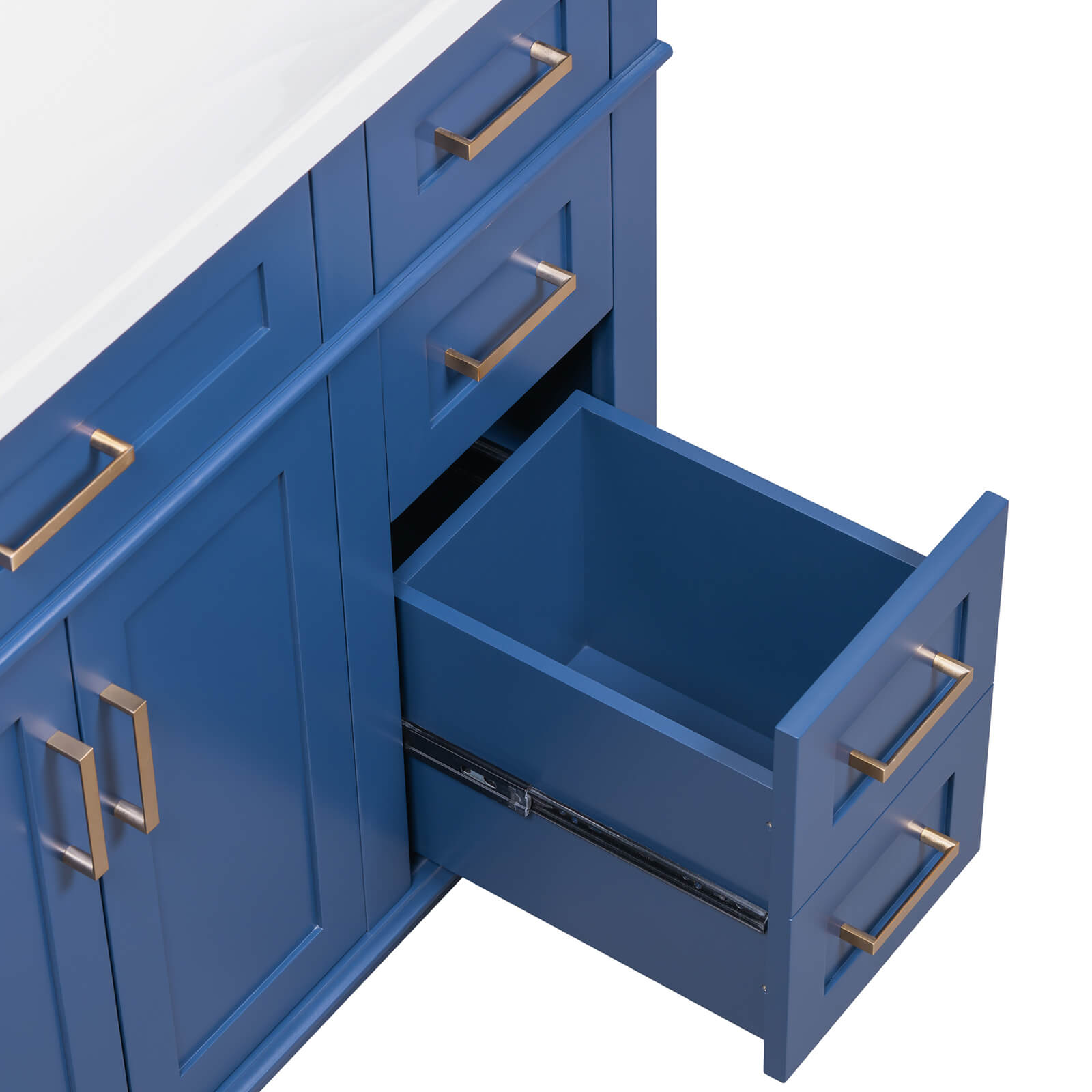 Modern navy blue vanity with resin sink