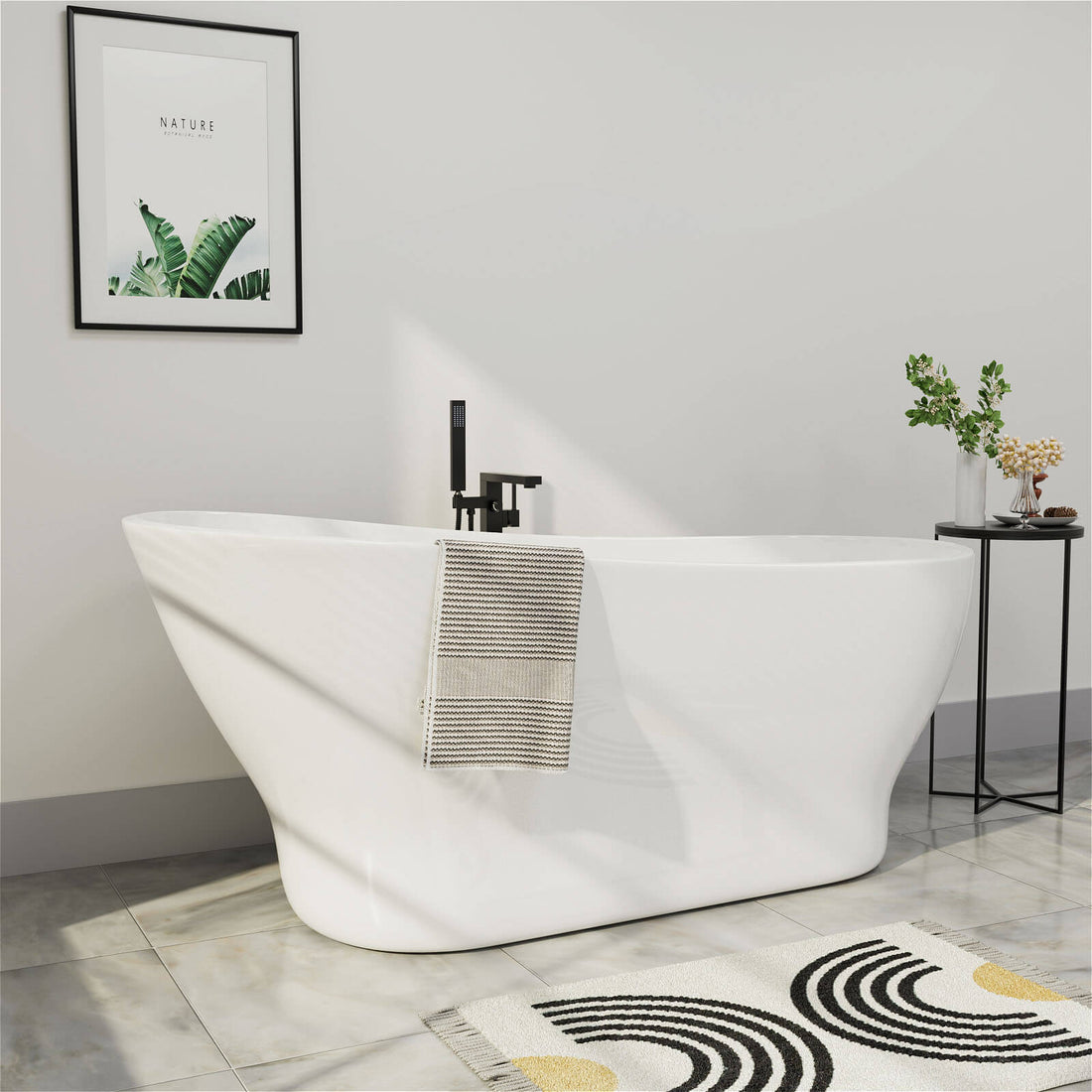 Mokleba Modern Bathroom 63&quot; Acrylic Curve Flatbottom Freestanding Bathtub in White