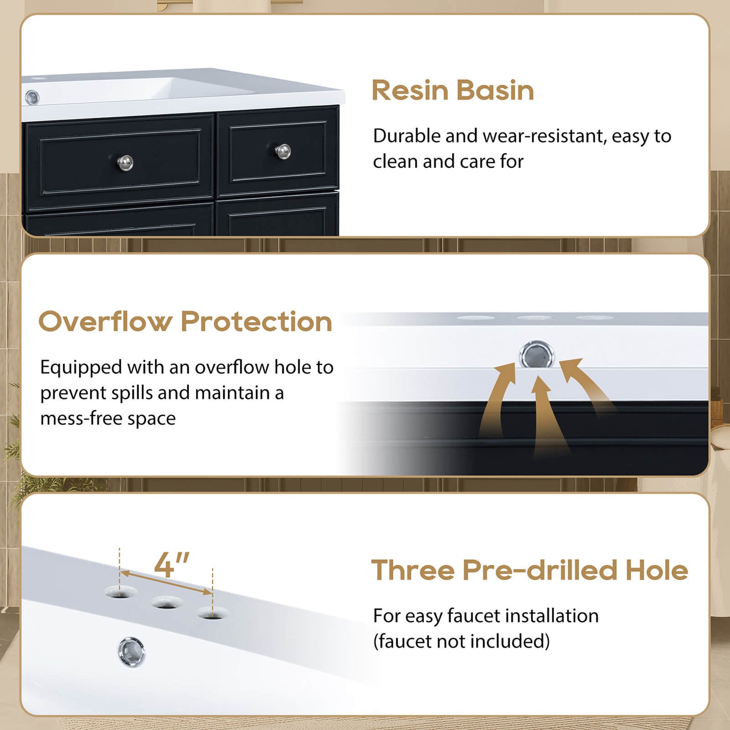 Mounting hole details for 36 inch black bathroom vanity with integrated resin sink