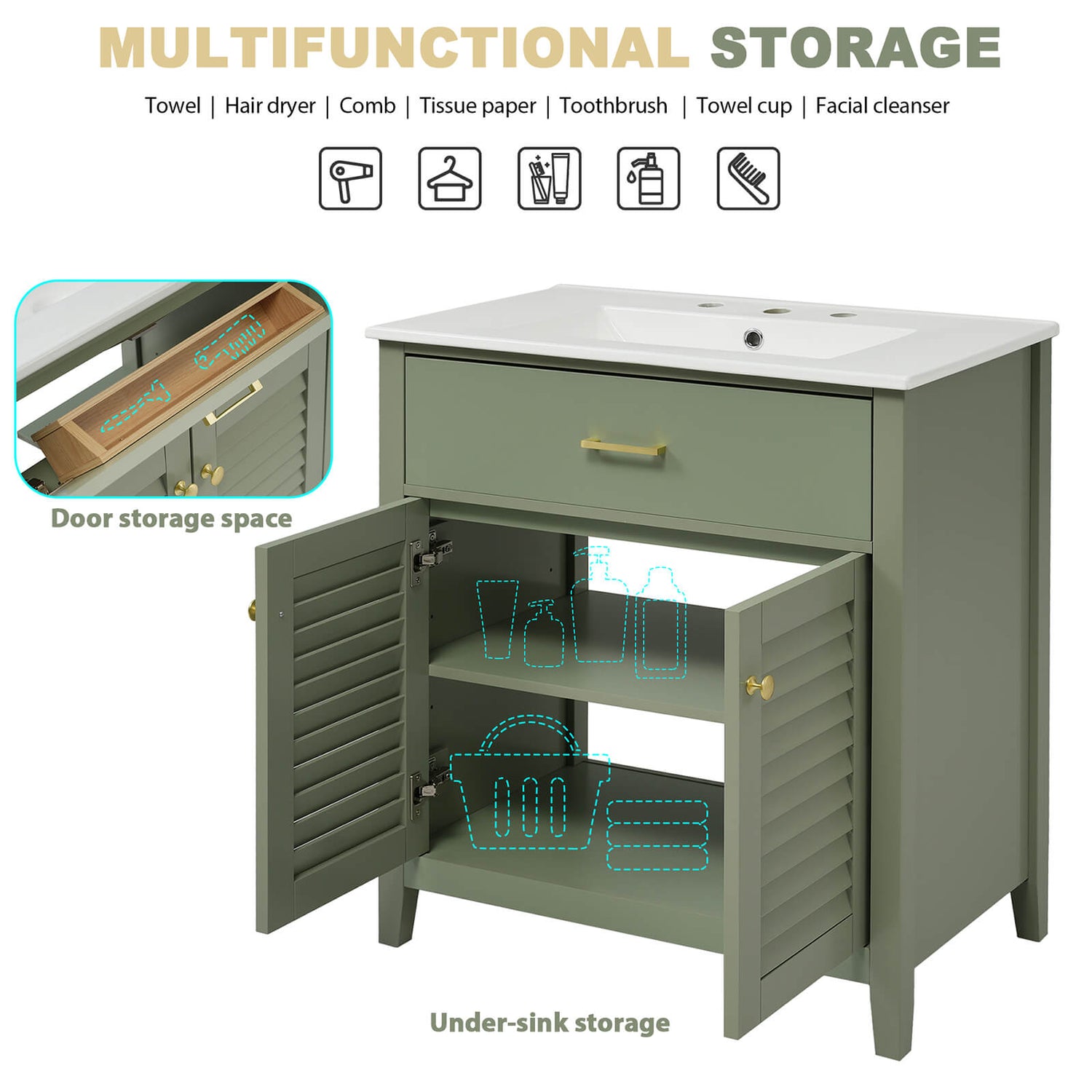 Multifunctional storage diagram for a 30 bathroom vanity with 2 louvered doors