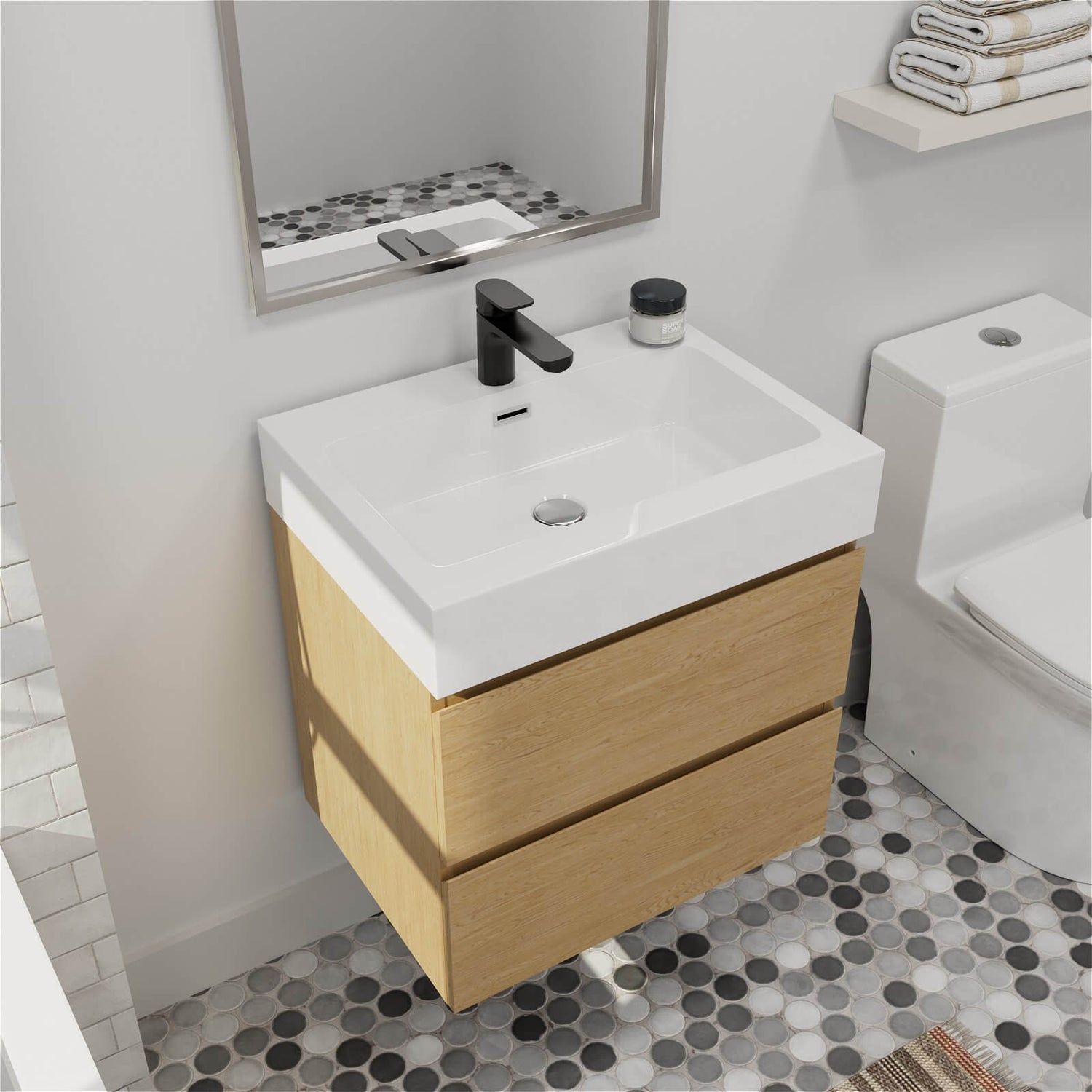 Natural oak floating bathroom vanity with minimalist design