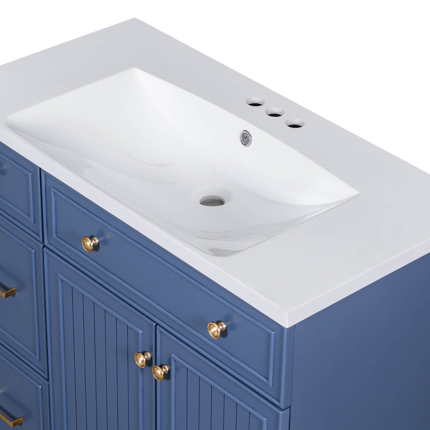 Navy blue bathroom vanity with resin countertop