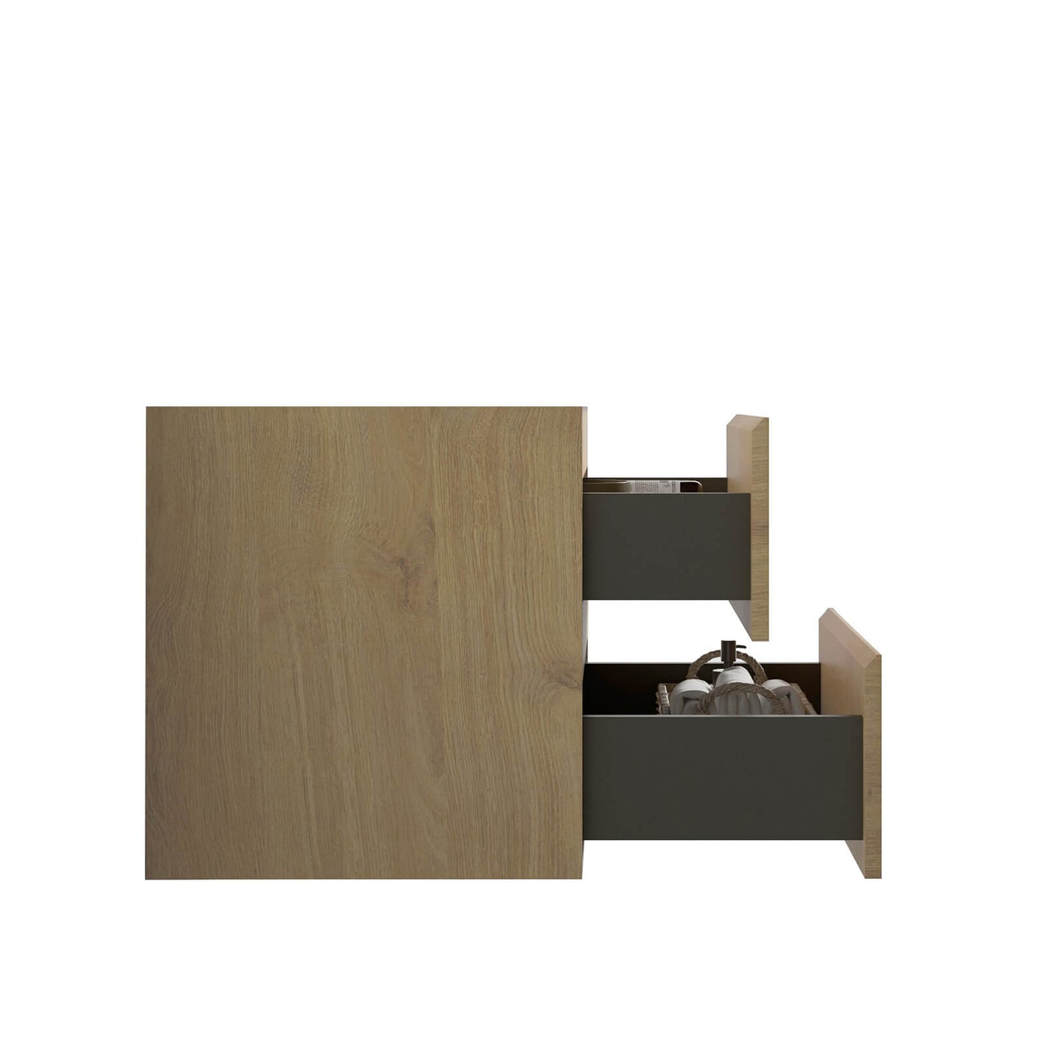 Oak bathroom vanity base with soft close drawers for a noise free experience