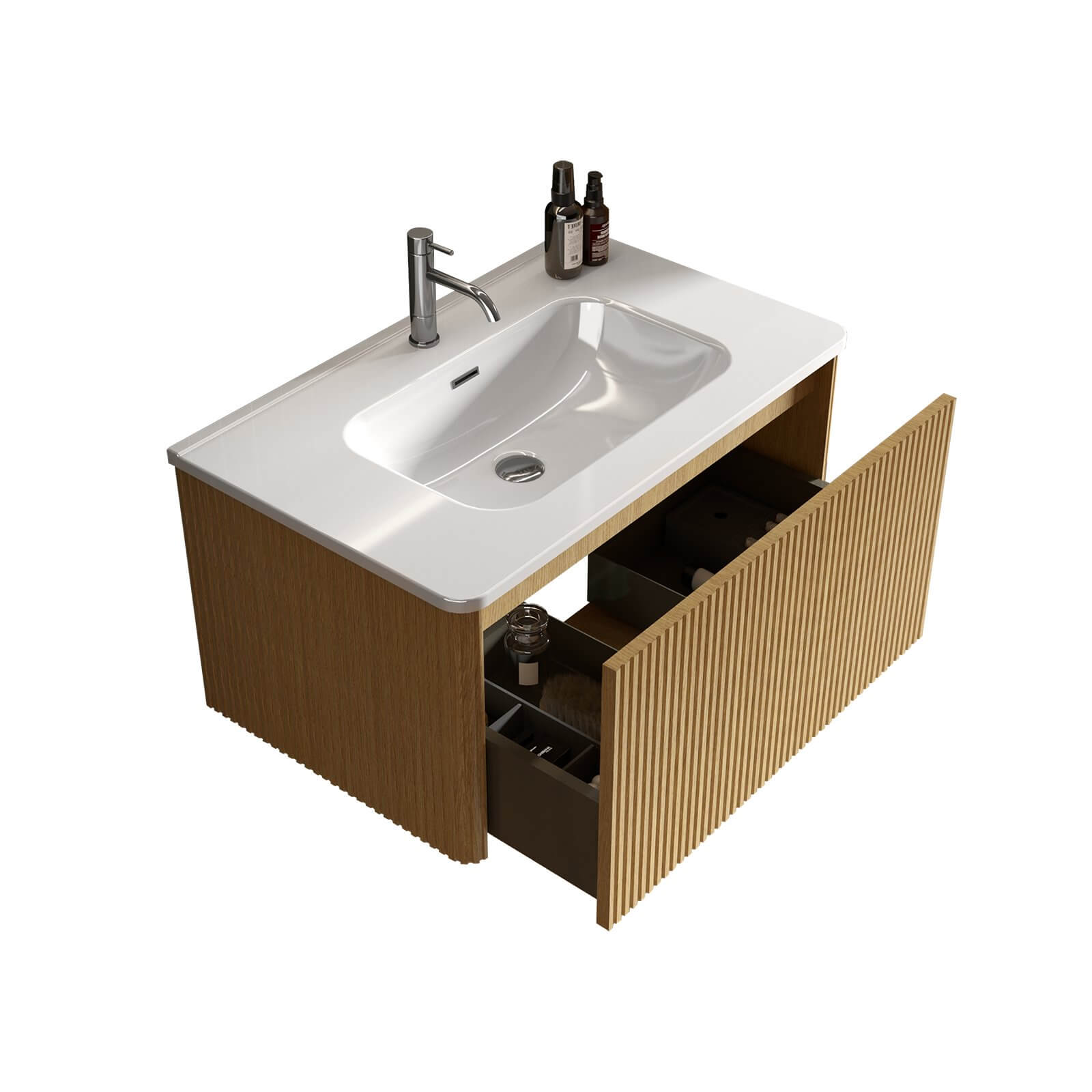 Oak bathroom vanity with integrated white sink