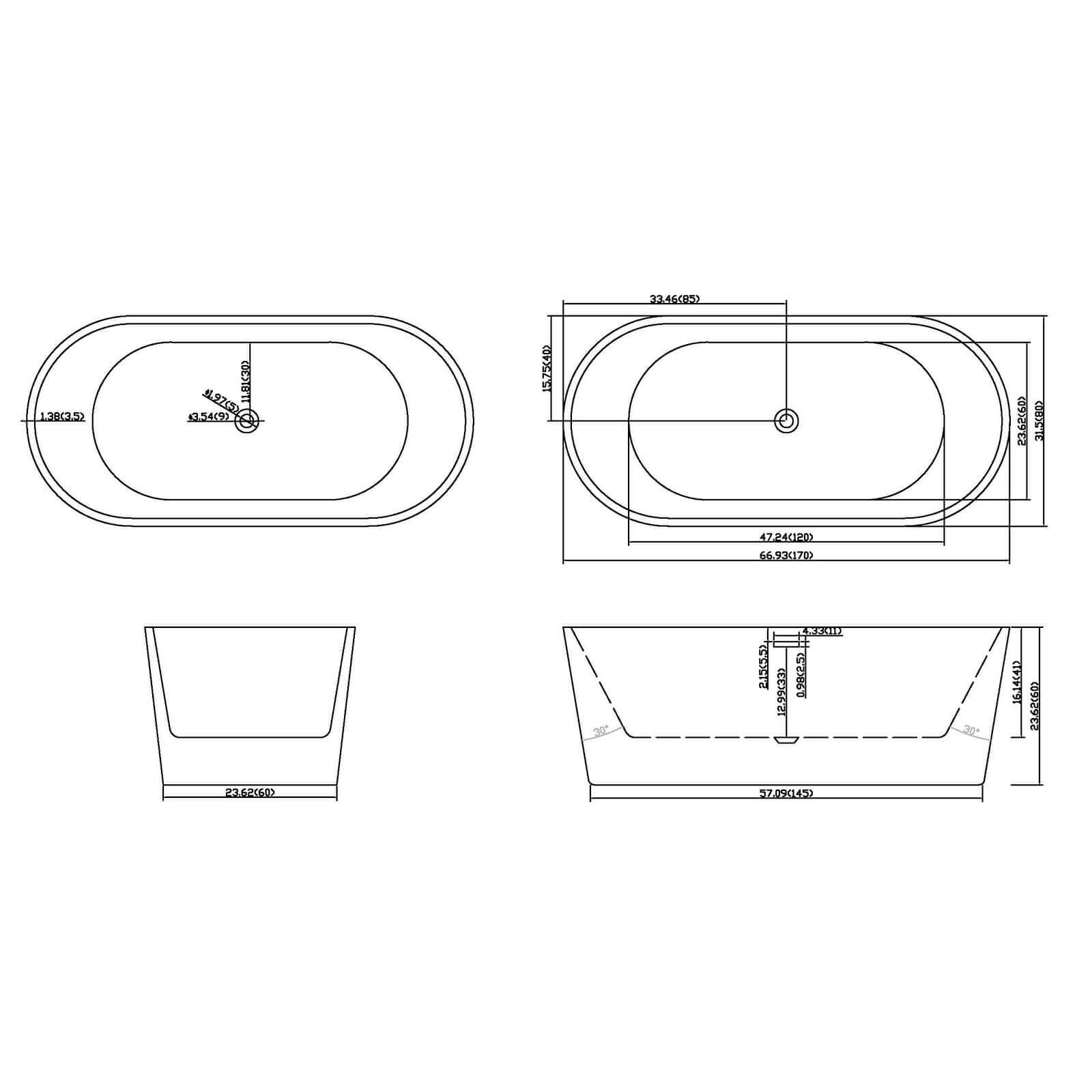 Outline Dimensional Drawing of 67 inch Glossy White Acrylic Freestanding Bathtub with Chrome Overflow