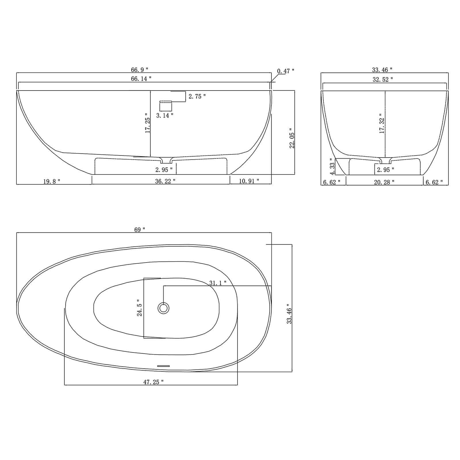 Outline drawing of the 67 inch orange egg shaped solid surface bathtub