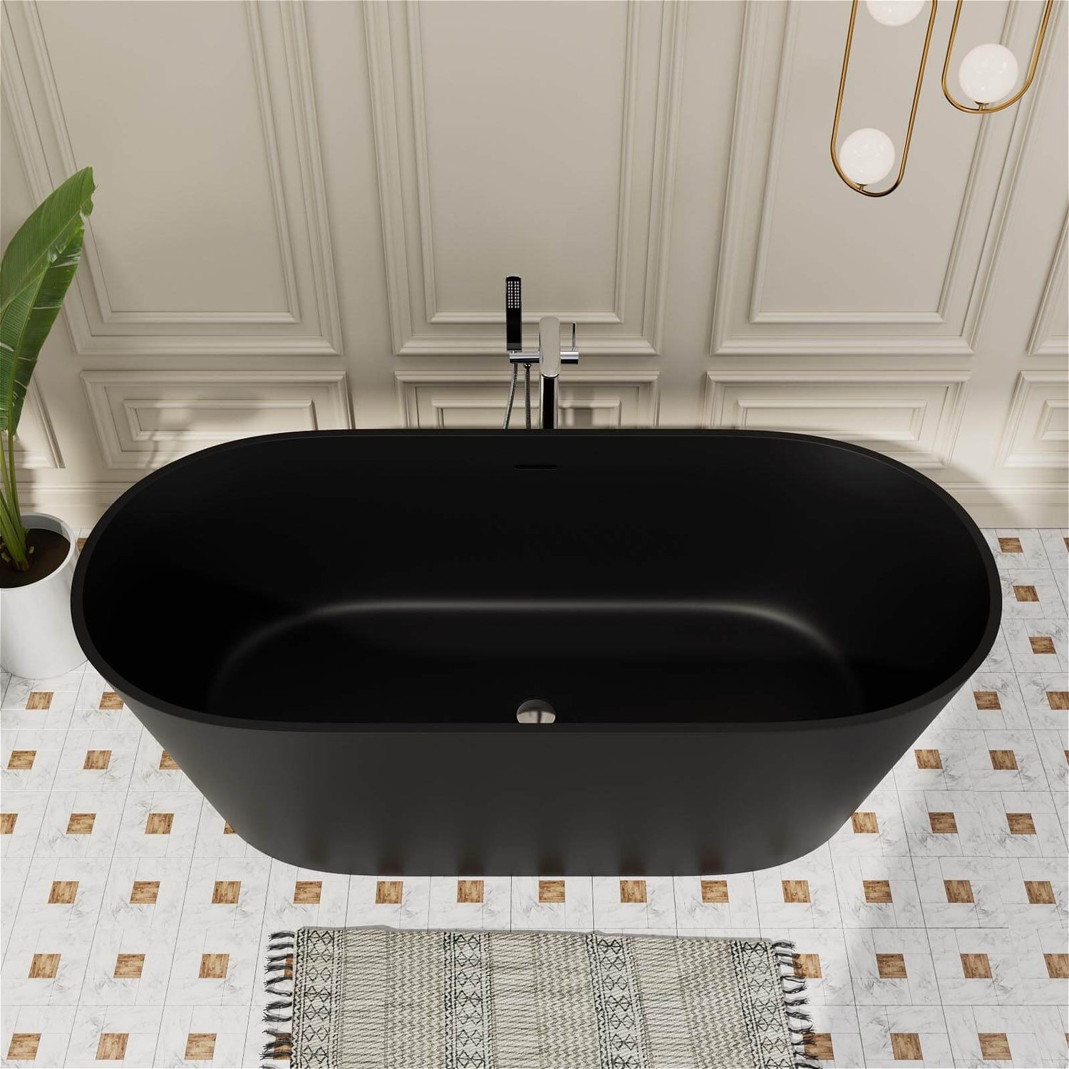 65&quot; Stone Resin Bathtub Oval-shaped Solid Surface Stand Alone Tub with Pop-up Drain