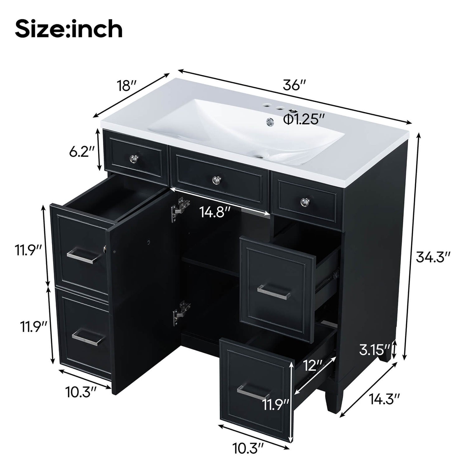 Overall Dimensions Specifications for 36 inch Black Bathroom Vanity with Integrated Resin Sink