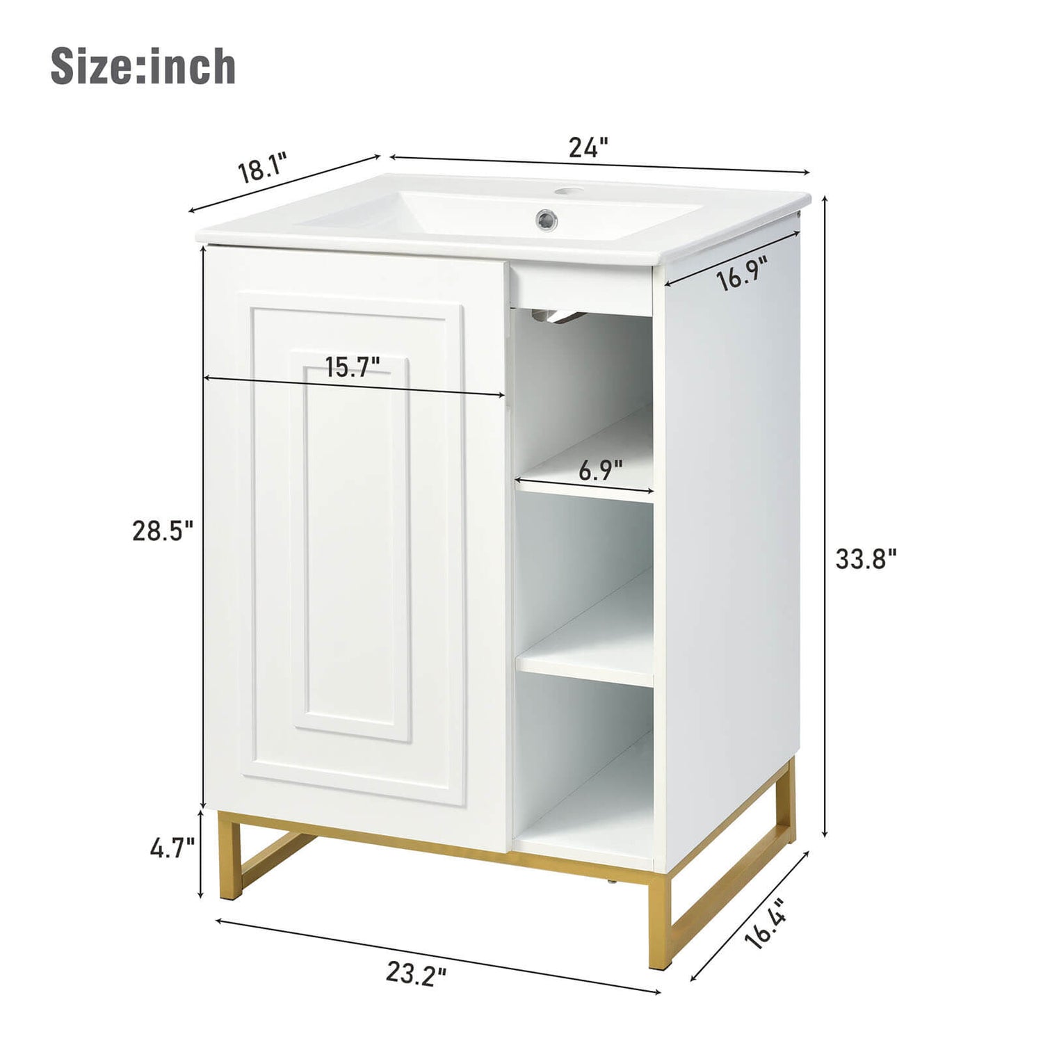 Overall Dimensions Specifications for a 24 inch Shaker Style Bathroom Vanity with Open Storage