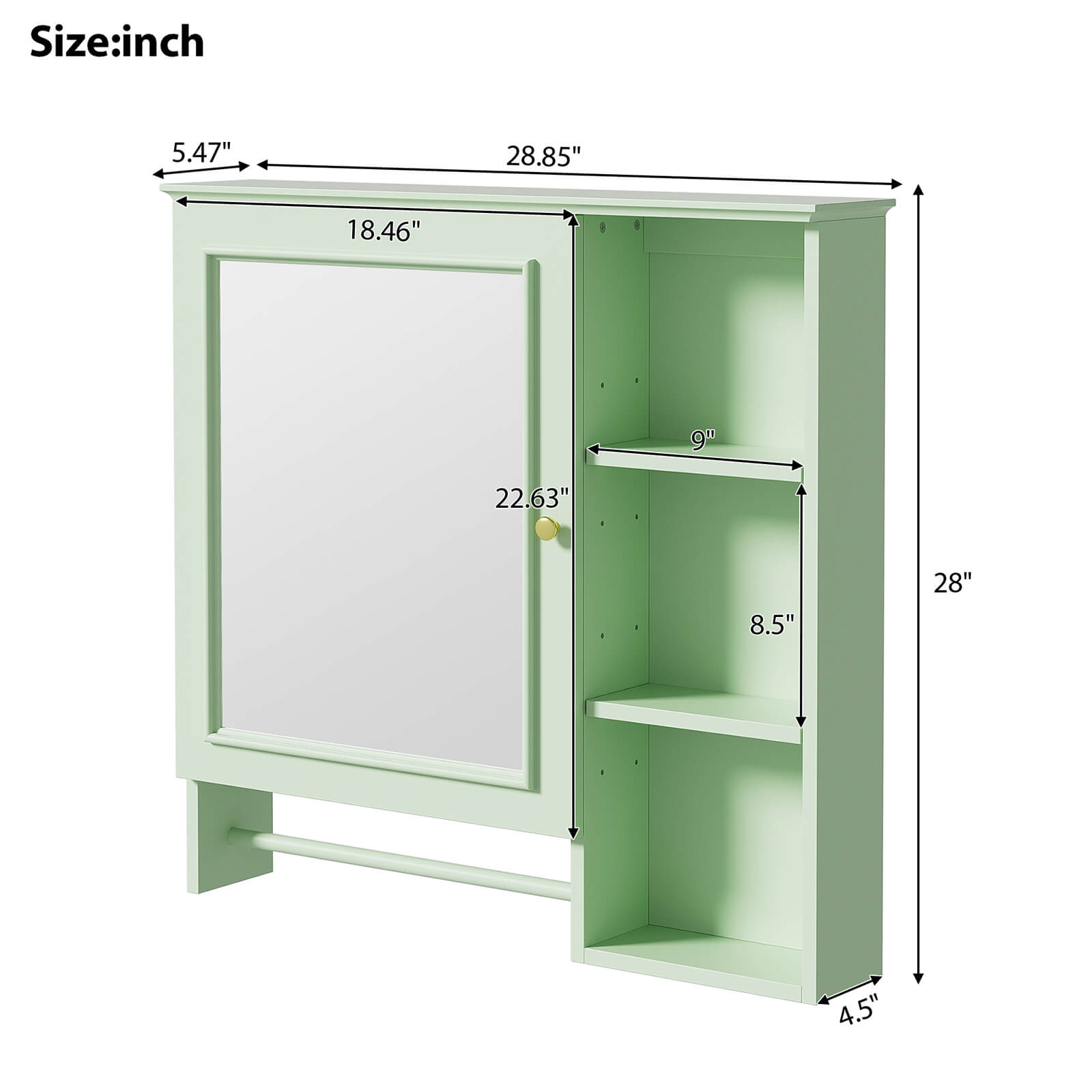 Overall Dimensions Specifications for a 29 x 28 Green Medicine Cabinet with Open Shelves and Mirrored Doors