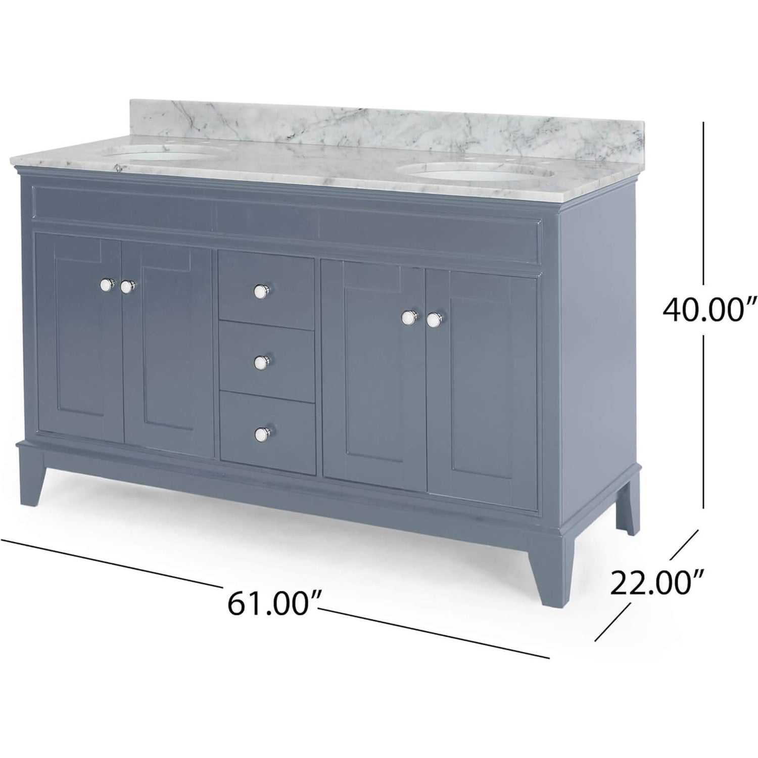 Overall Dimensions Specifications for the 61 Blue Gray Double Sink Vanity with Backsplash