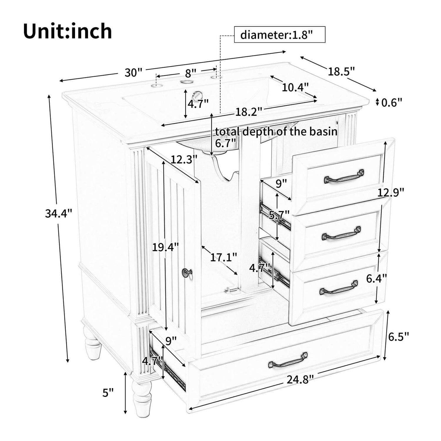 Overall dimensions of 30 in light grey blue acacia wood dresser with bottom drawer