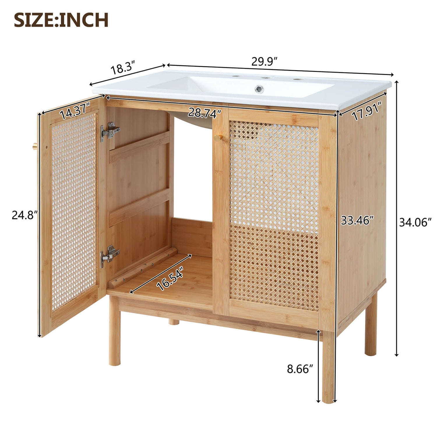 Overall dimensions of 30 inch rattan bathroom vanity with top basin