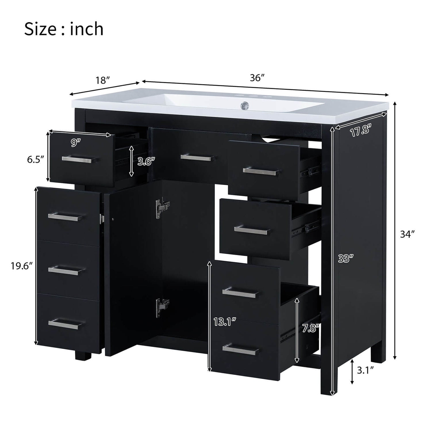 Overall dimensions of 36 inch black bathroom vanity with 6 drawers displayed