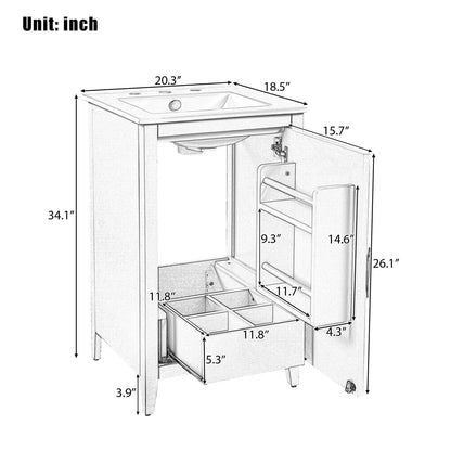 Overall dimensions of a 20 inch white minimalist bathroom vanity with storage space