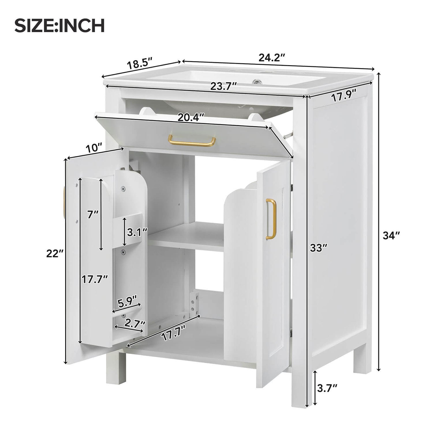 Overall dimensions of a 24 inch white dresser with built in shelves inside the door