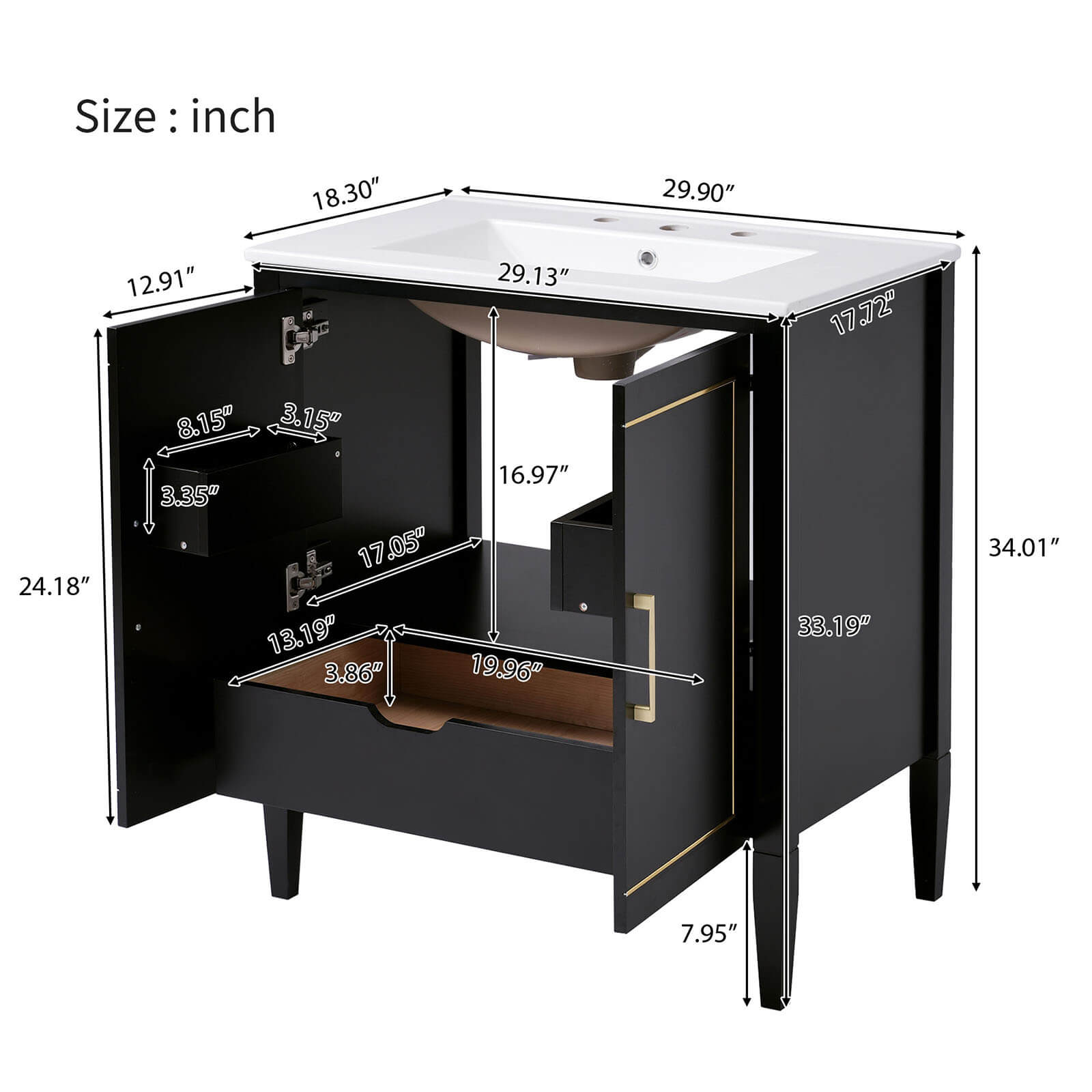 Overall dimensions of a 30 inch bathroom vanity with built in hidden drawers