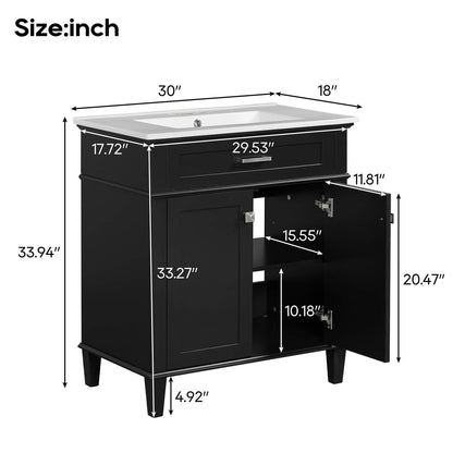 Overall dimensions of a 30 inch black bathroom vanity with undermount ceramic sink