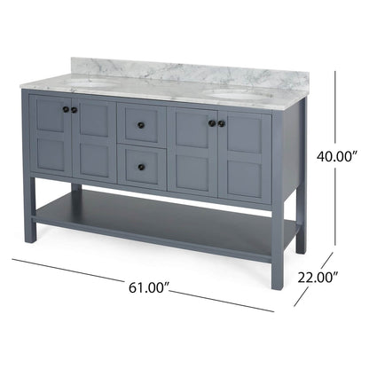 Overall dimensions of a 61 blue grey bathroom vanity with marble countertop and open shelving