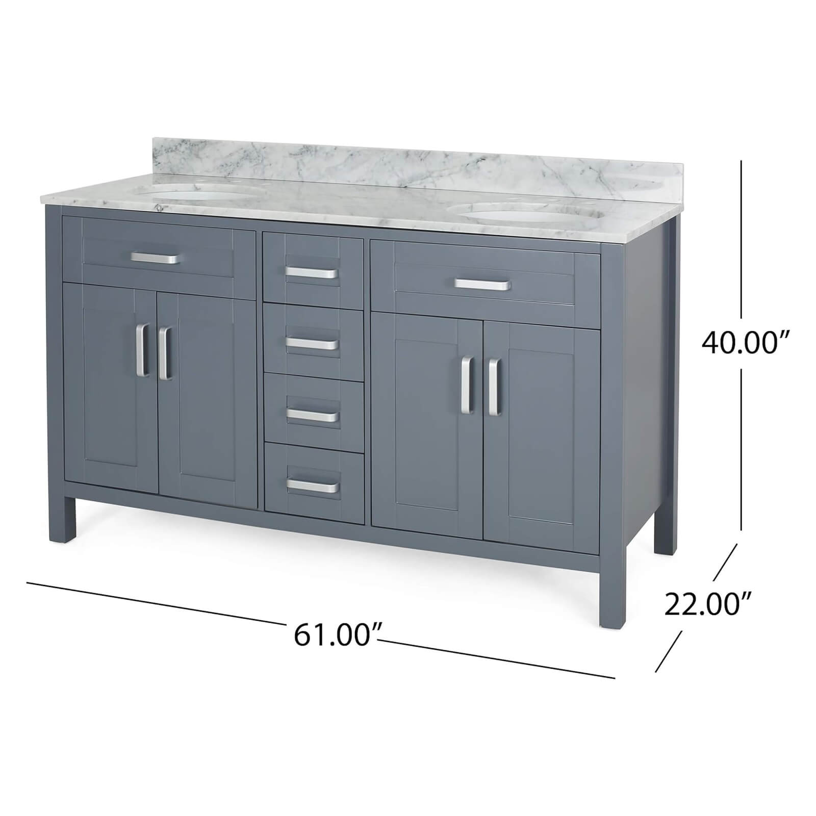 Overall dimensions of a 61 inch blue grey freestanding bathroom vanity with marble top