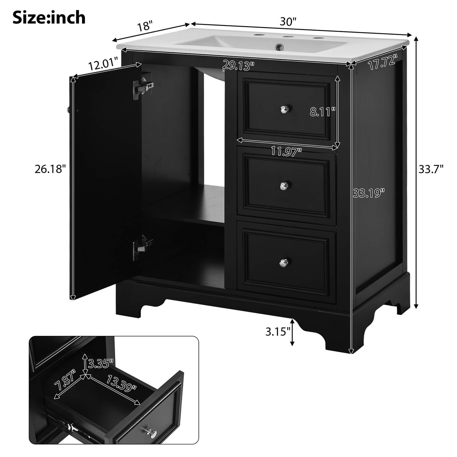 Overall dimensions specifications for 30 inch floor standing single sink black bathroom vanity