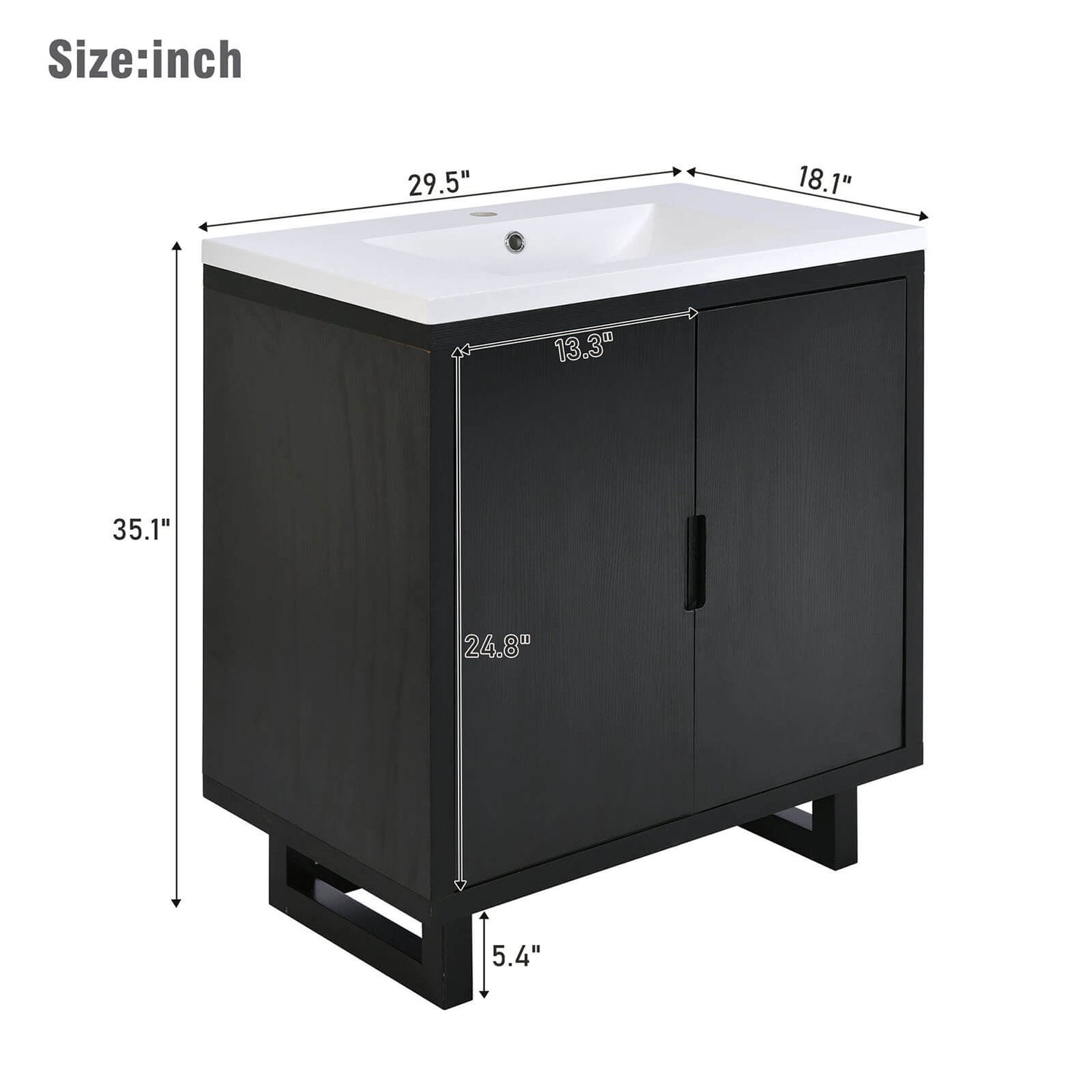 Overall dimensions specifications for a 30 inch simple black bathroom vanity