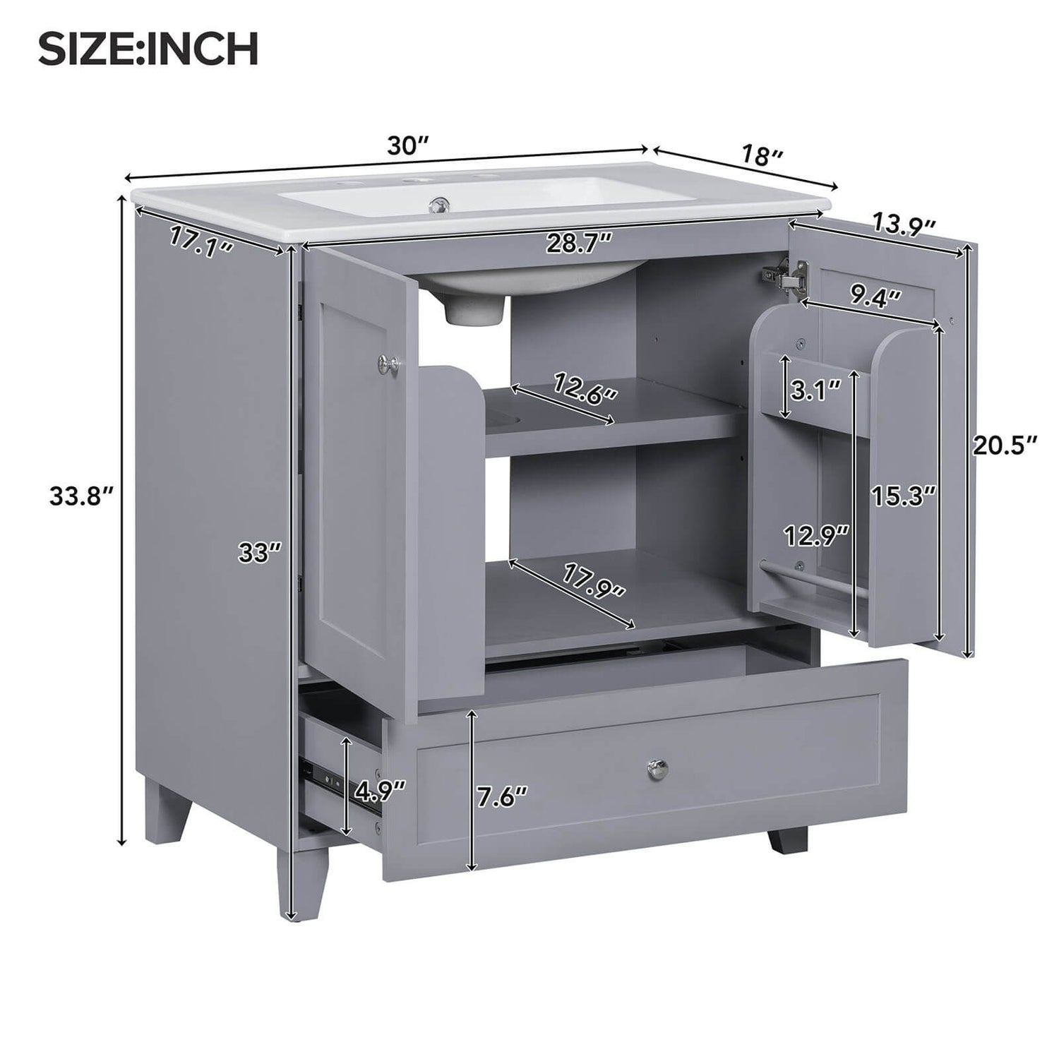 Overall-dimensions-specifications-for-the-30-inch-Compact-Traditional-Gray-Bathroom-Vanity