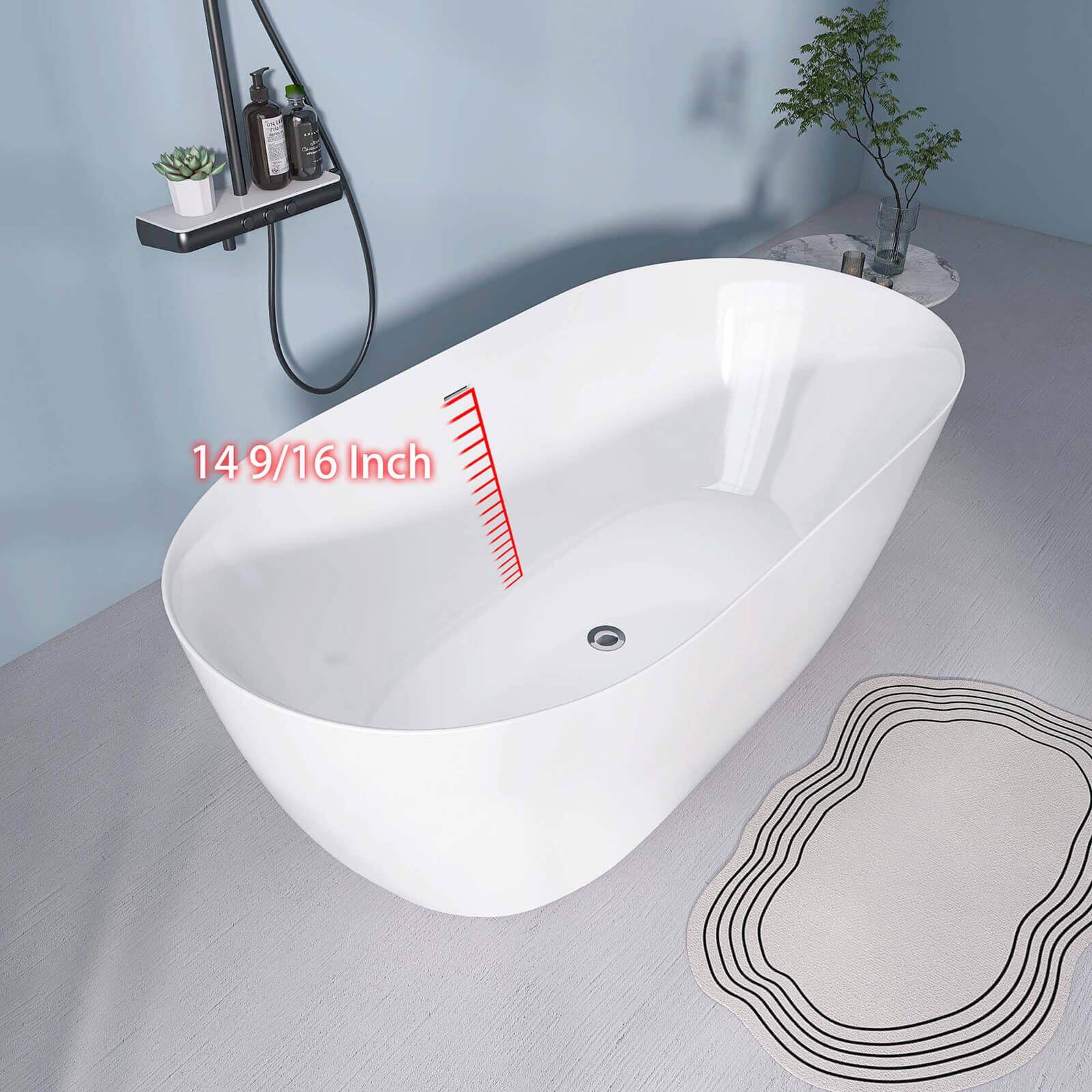 Overflow location details for large 67 inch oval acrylic soaking tub