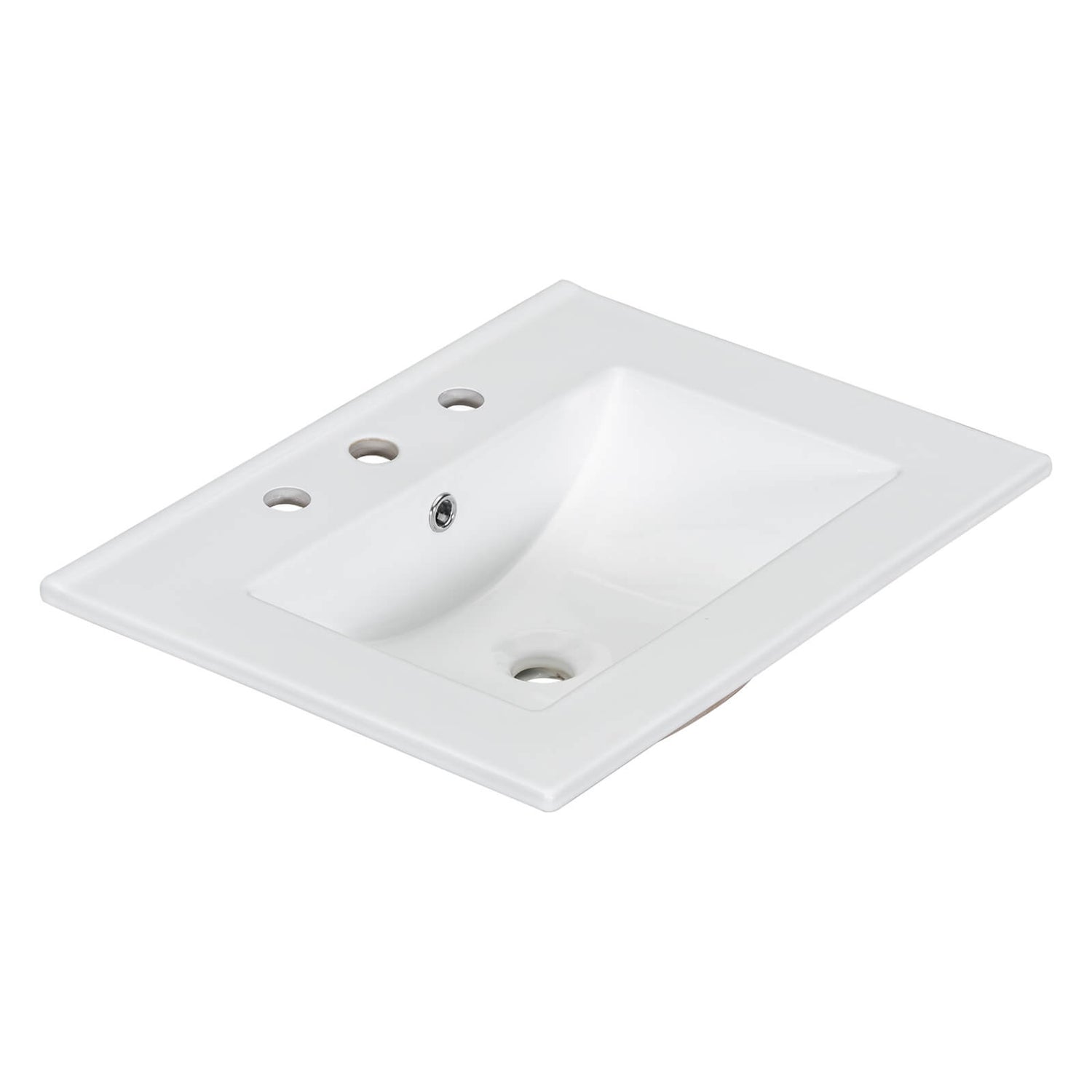 Overhead view of a 30 inch white bathroom vanity with 2 left side drawers and a ceramic sink