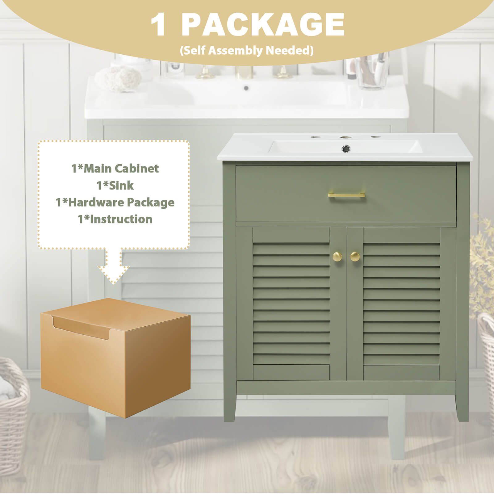 Package diagram for a 30 bathroom vanity with 2 louvered doors